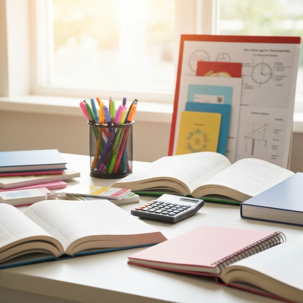 Educational workspace with books and learning materials