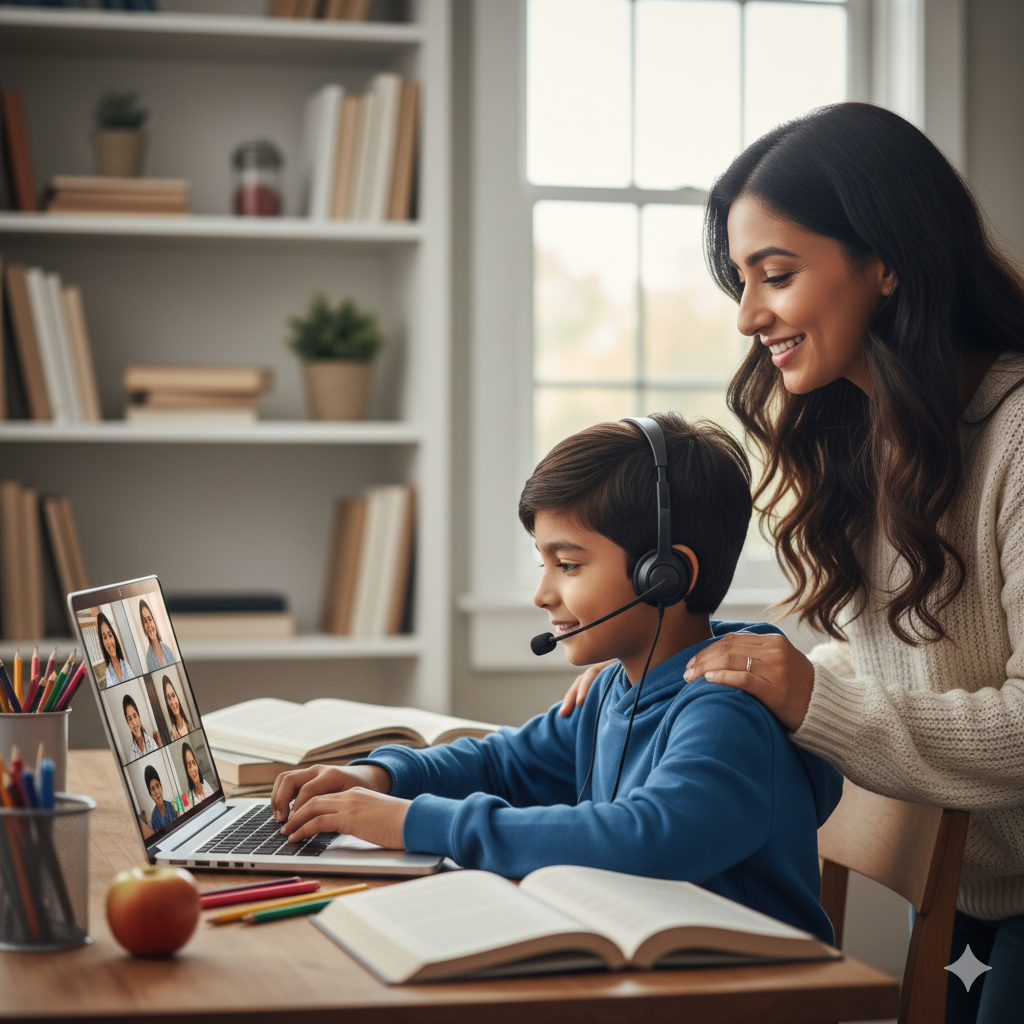 Online tutoring session with mother and child
